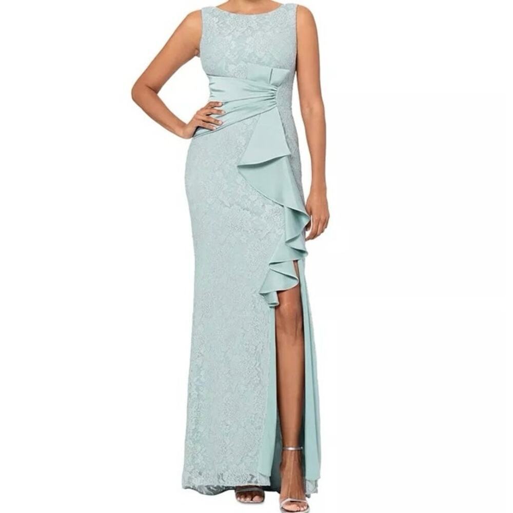 Betsy & Adam Lace Ruffled Gown Dress Lined Boat-Neck Sleeveless Sage Size 8 NWT